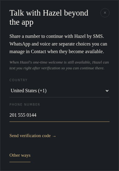 Hazel Contact form with country, phone-number field, and Send verification code button